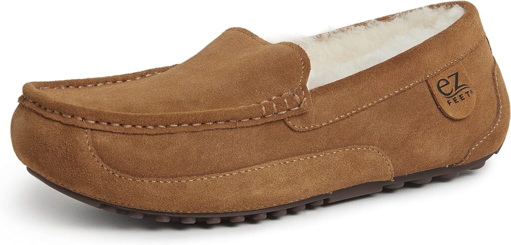 EZ Feet Mens Indoor Outdoor Shearling Breathable Slip-On Moccasins Slipper