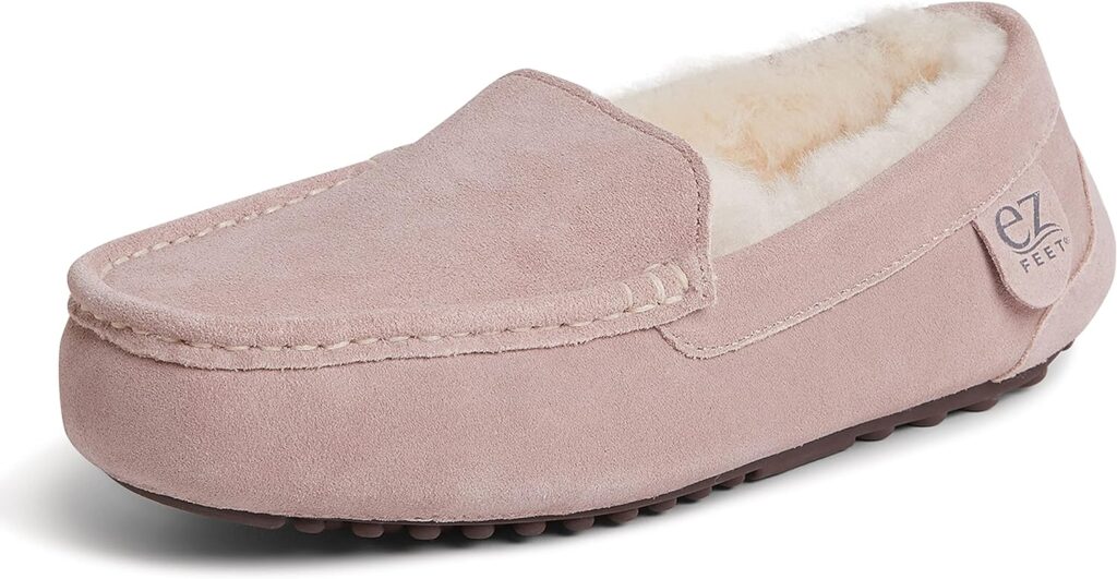 EZ Feet Womens Indoor Outdoor Shearling Breathable Slip-On Suede Moccasins Slippers