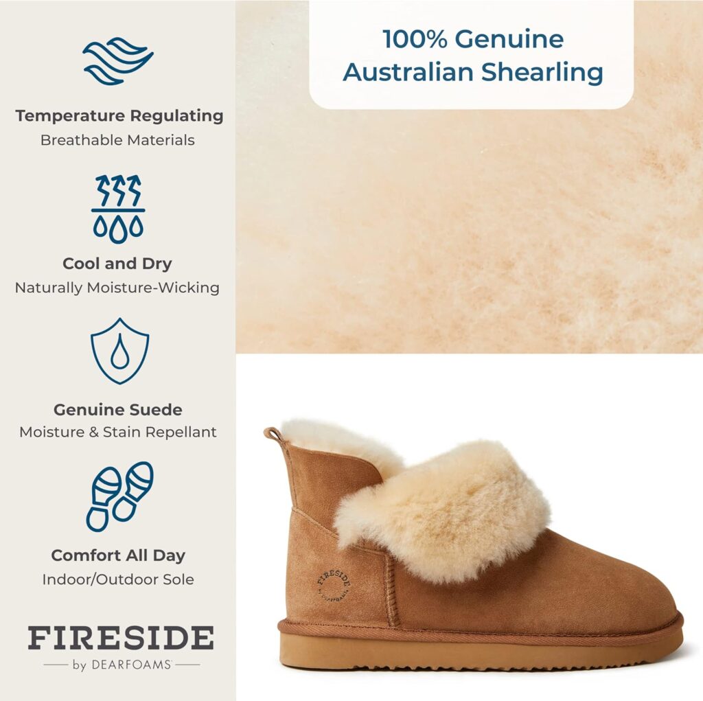 Dearfoams Womens Fireside Shearling Water Resistant Indoor/Outdoor Foldover Boot Slipper