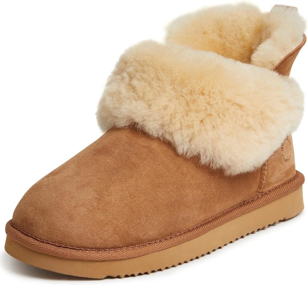 Dearfoams Womens Fireside Shearling Water Resistant Indoor/Outdoor Foldover Boot Slipper