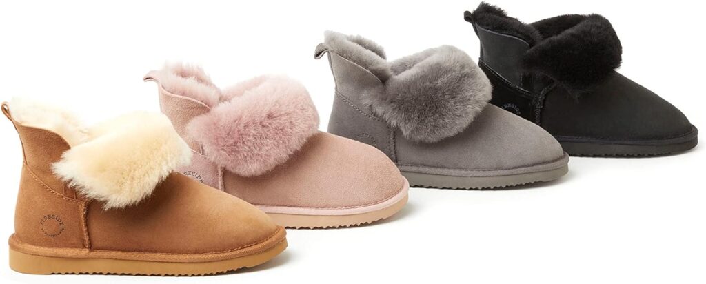 Dearfoams Womens Fireside Shearling Water Resistant Indoor/Outdoor Foldover Boot Slipper