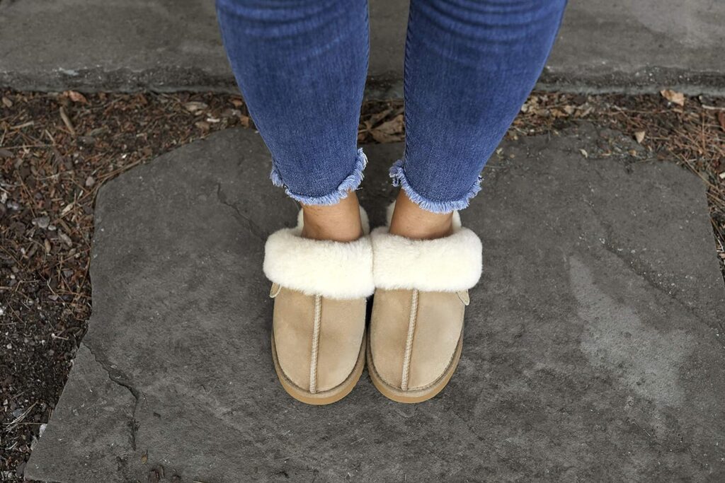 Dearfoams Womens Fireside Sydney Shearling Fur Indoor/Outdoor Scuff Slipper with Wide Widths Dearfoams Womens Fireside Sydney Shearling Fur Indoor/Outdoor Scuff Slipper with Wide Widths